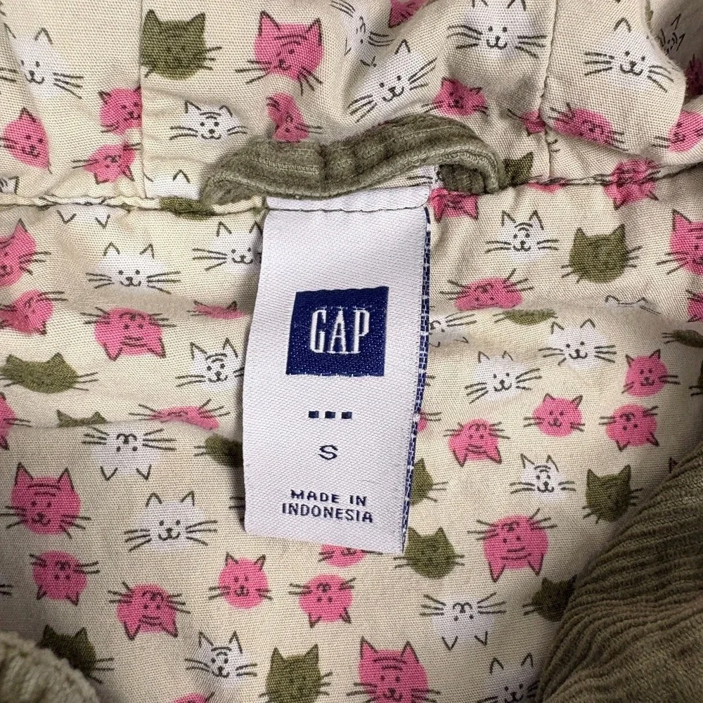 VTG Y2K Gap Kids Cat Print Corduroy Jacket Girls Sz S Olive Green‎ Cat Zipper